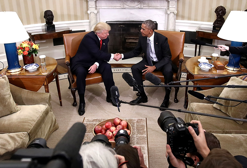 Here is the table holding a bowl of apples and meeting the President-elect, the man who will eventually return him to irrelevance.